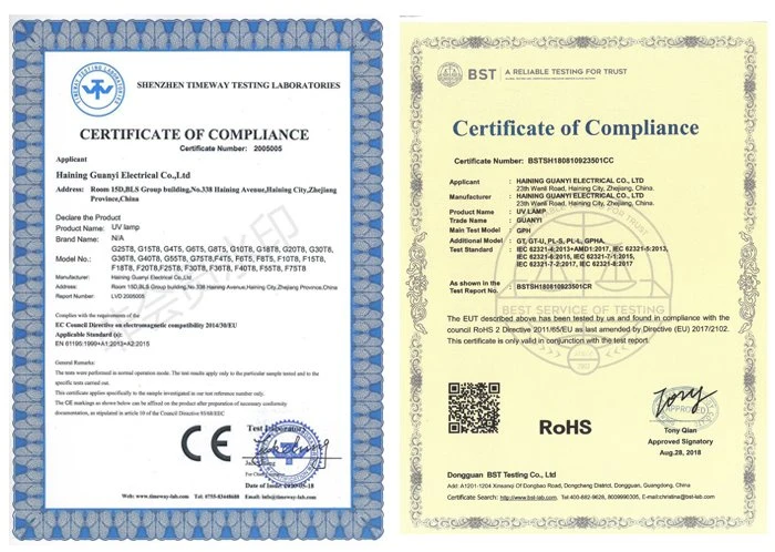 certification of GPH1148T5L UVC light sterilizer lamp certification of GPH1148T5L UVC light sterilizer lamp